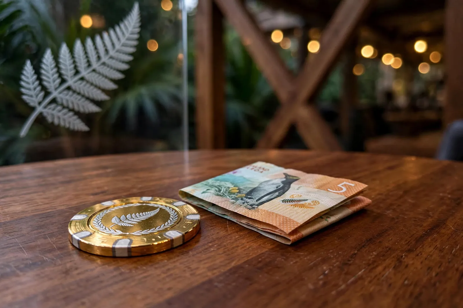Casino chip beside a New Zealand dollar bill on a wooden table