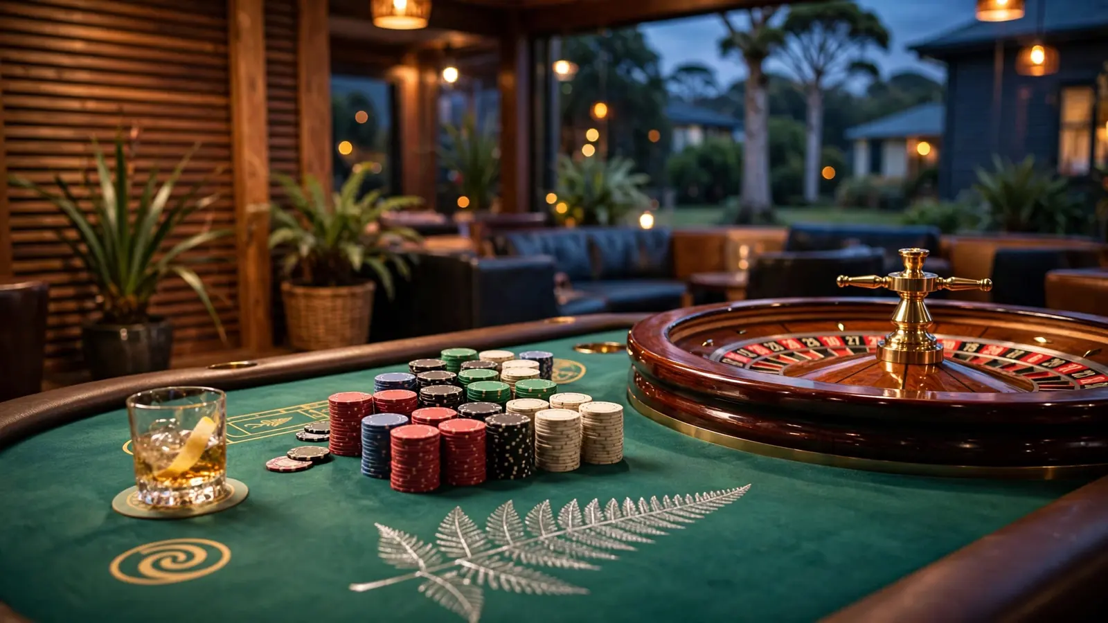 Casino table with chips and roulette wheel in New Zealand lounge setting