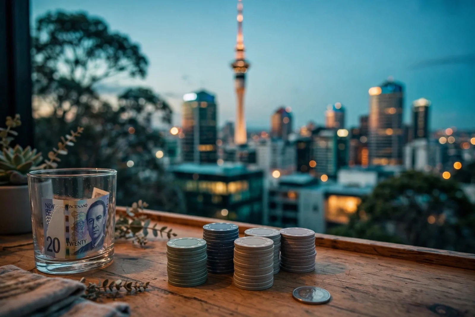 Auckland skyline at dusk with casino chips and a twenty-dollar note on a bar counter