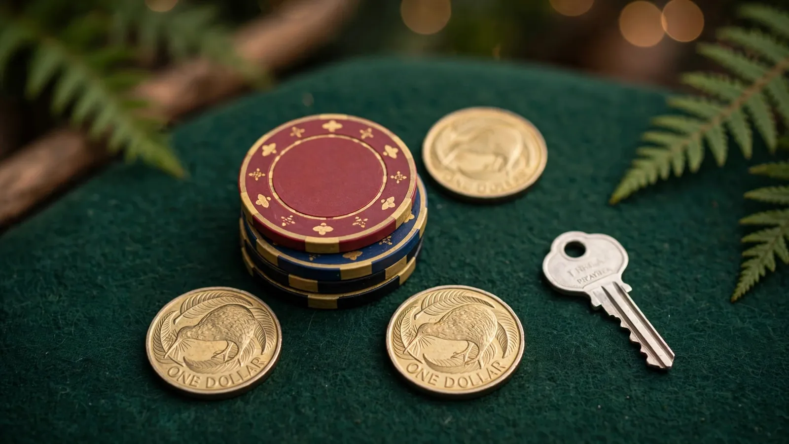 Three casino chips, NZ coins, and a key on a green felt table