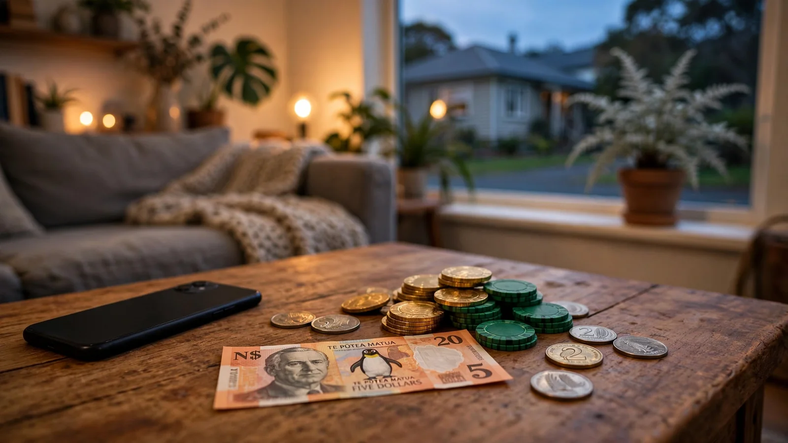 Casino chips, an NZ$5 note, and a face-down phone on a coffee table in a New Zealand home.