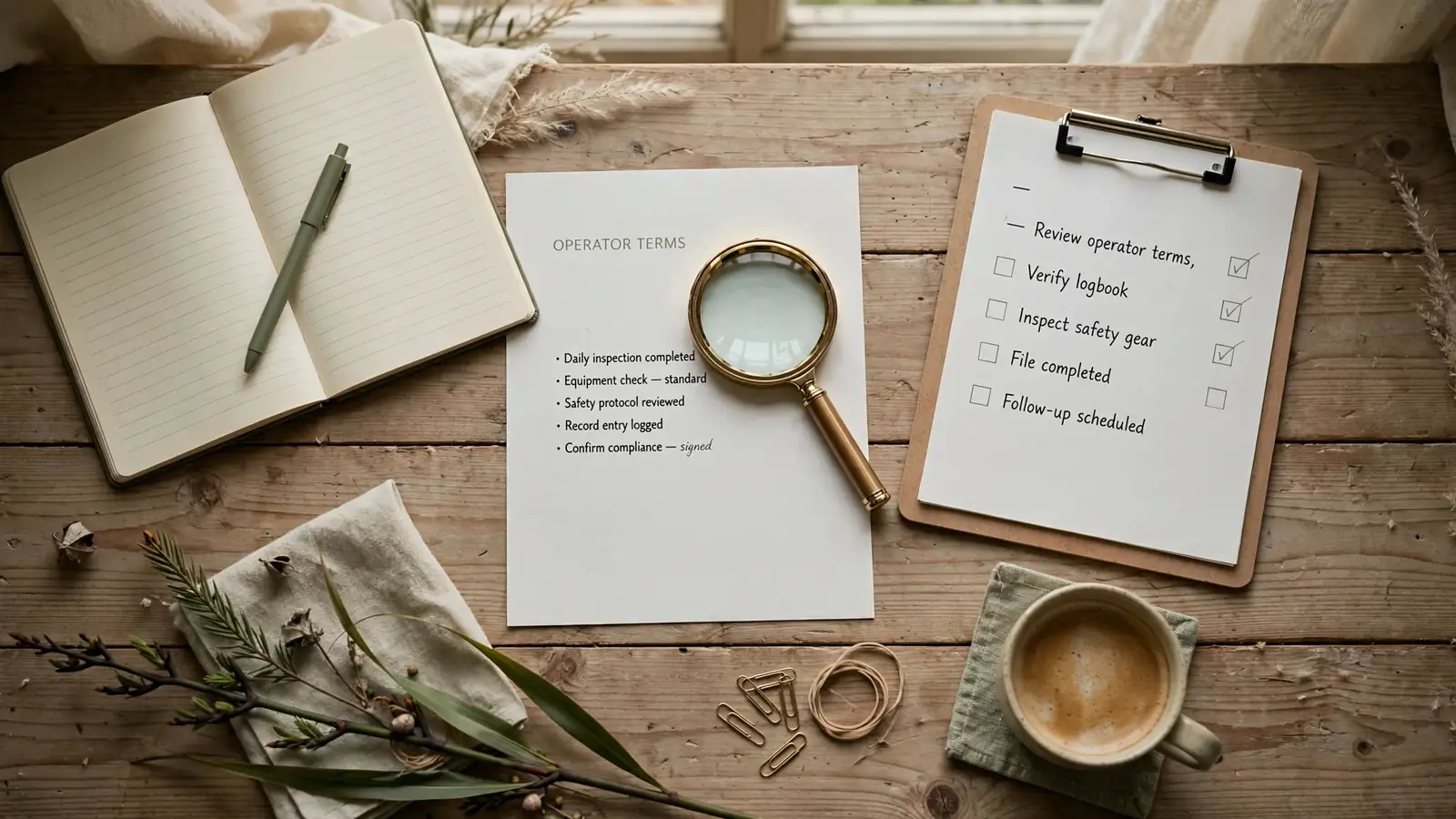 Editorial review setup with notebook, magnifying glass, and checklist on a wooden desk.