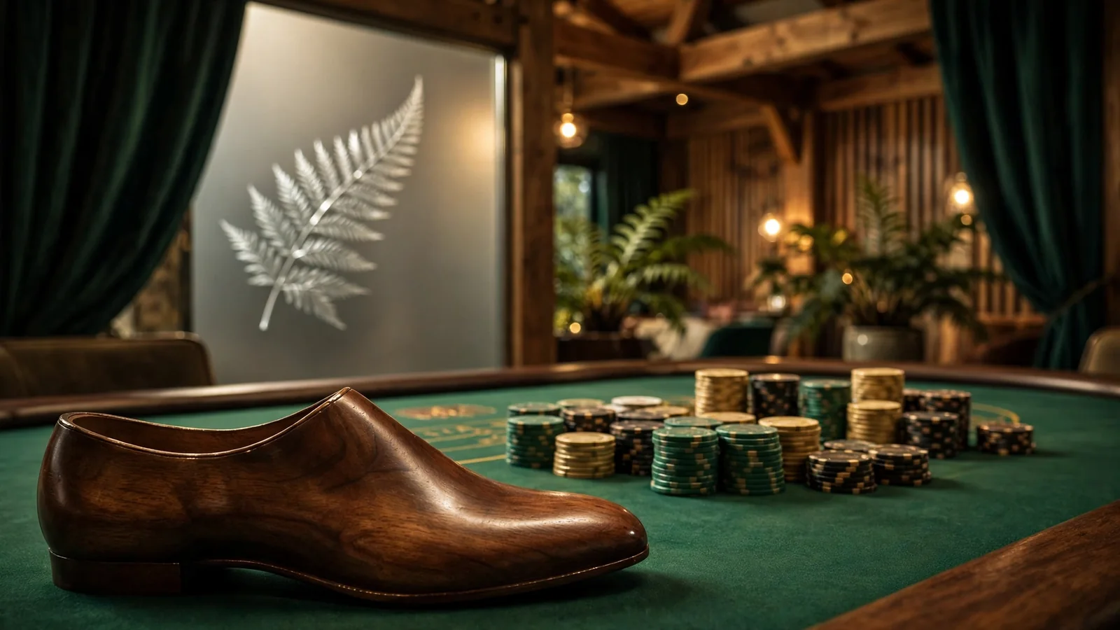 Elegant baccarat casino table with chips, New Zealand lounge atmosphere
