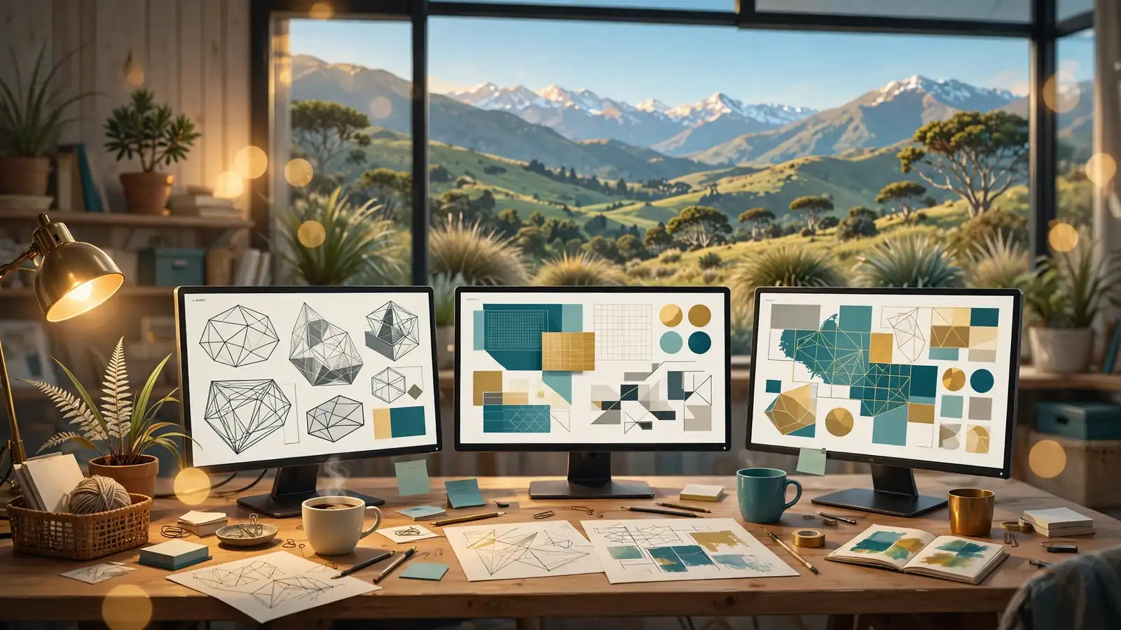 Modern game studio workspace with mountain view in New Zealand