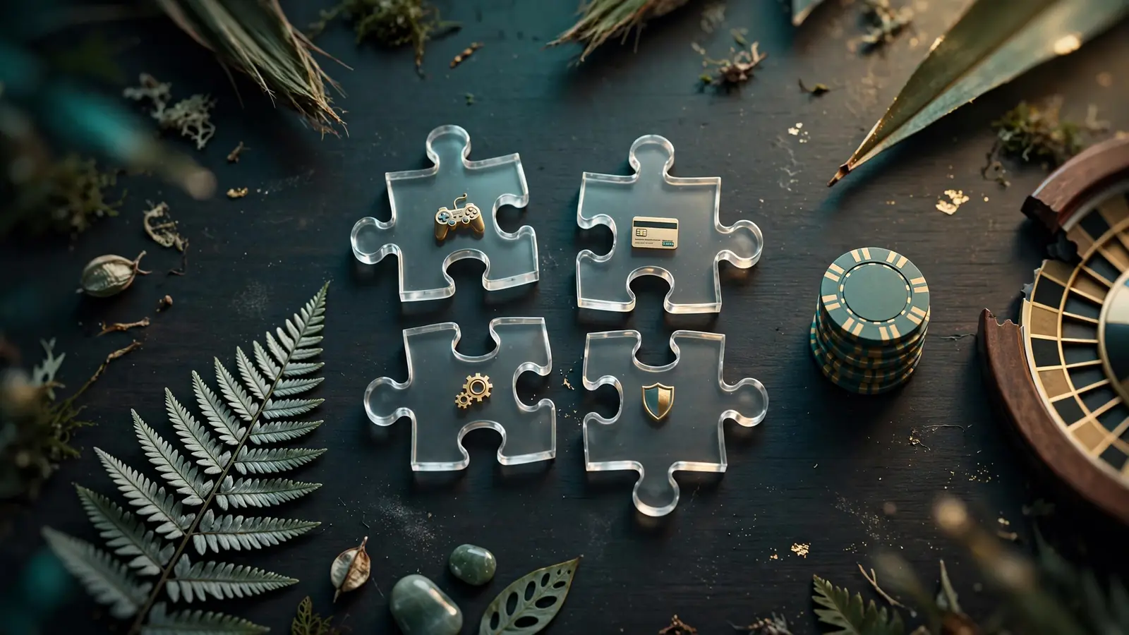 Flat-lay illustration of puzzle pieces representing casino software components on a dark desk