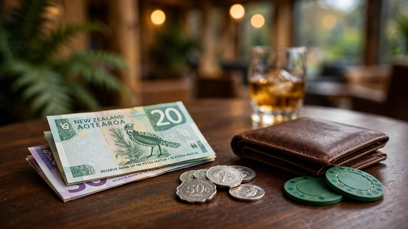 NZD banknotes, wallet, coins, and casino chips on a dark wooden table
