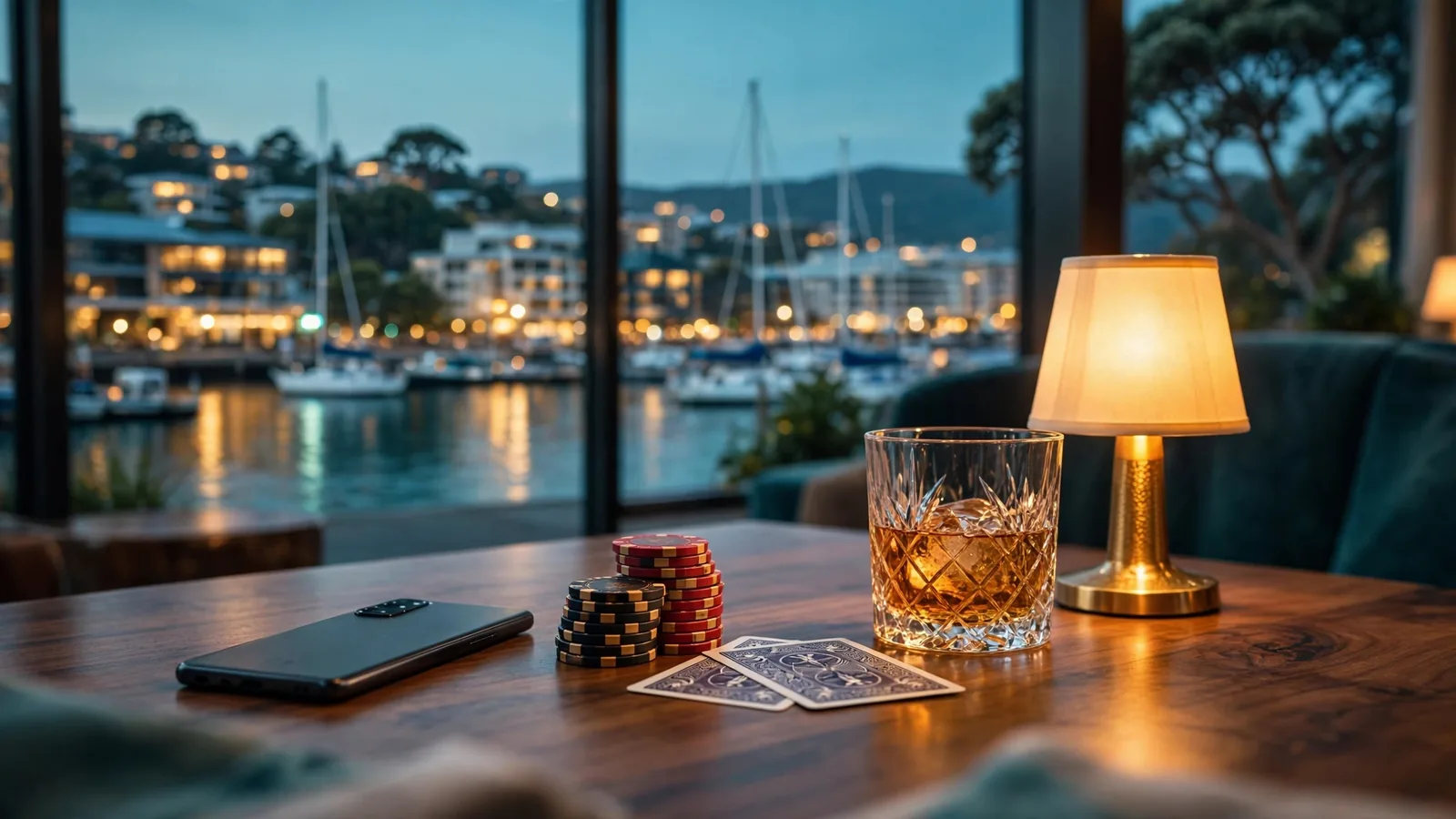 Android phone face-down on a casino table with chips and a New Zealand harbour view at dusk.