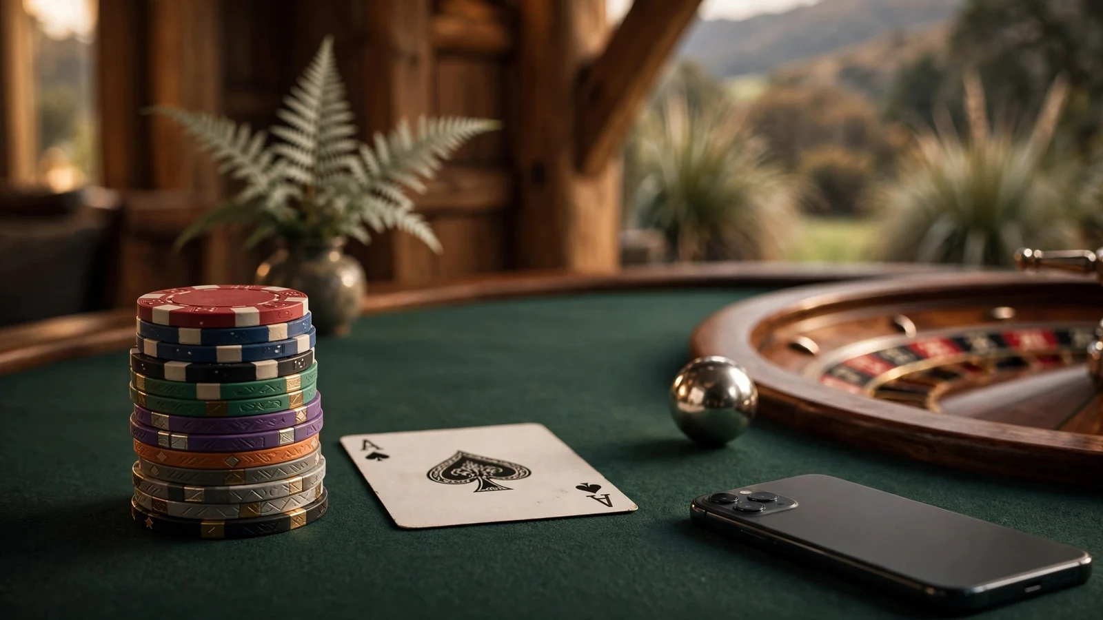 Casino chips, cards, and a smartphone on a green felt table with New Zealand decor.