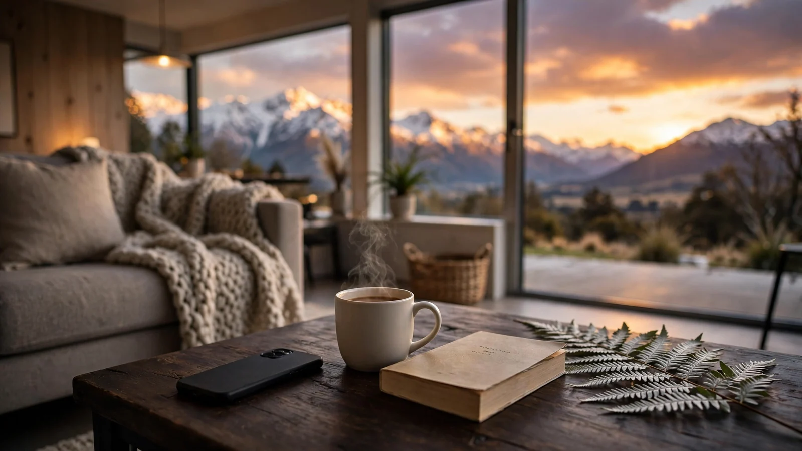 Cozy New Zealand lounge at sunset with face-down phone, coffee, silver fern, and Southern Alps view.