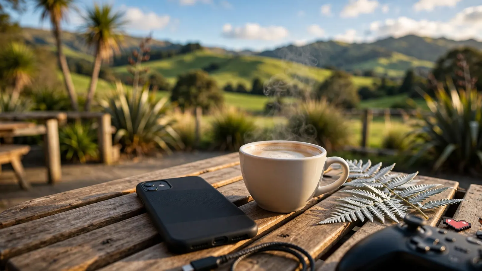 Smartphone on a New Zealand café table with coffee and silver fern