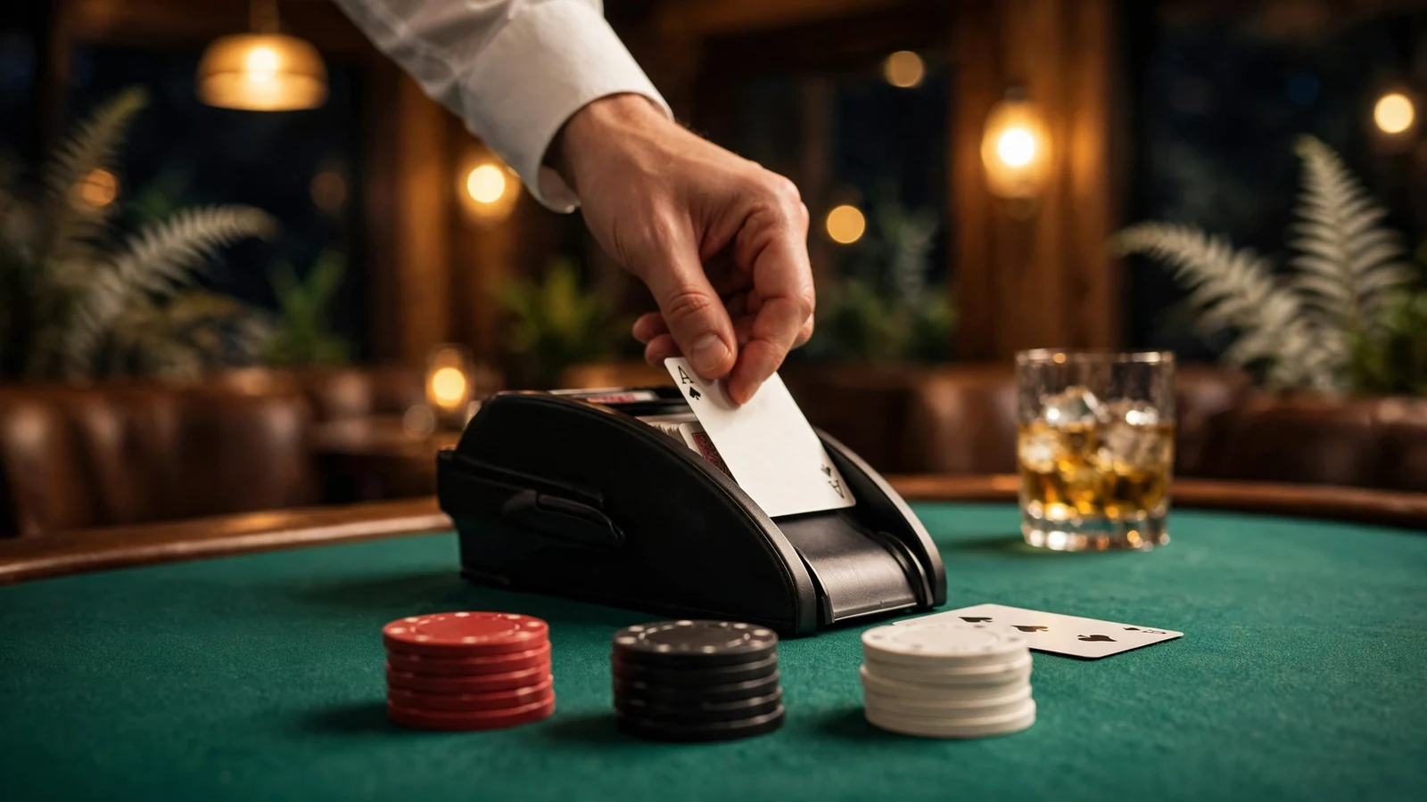 Elegant casino blackjack table with dealer dealing cards and stacks of chips