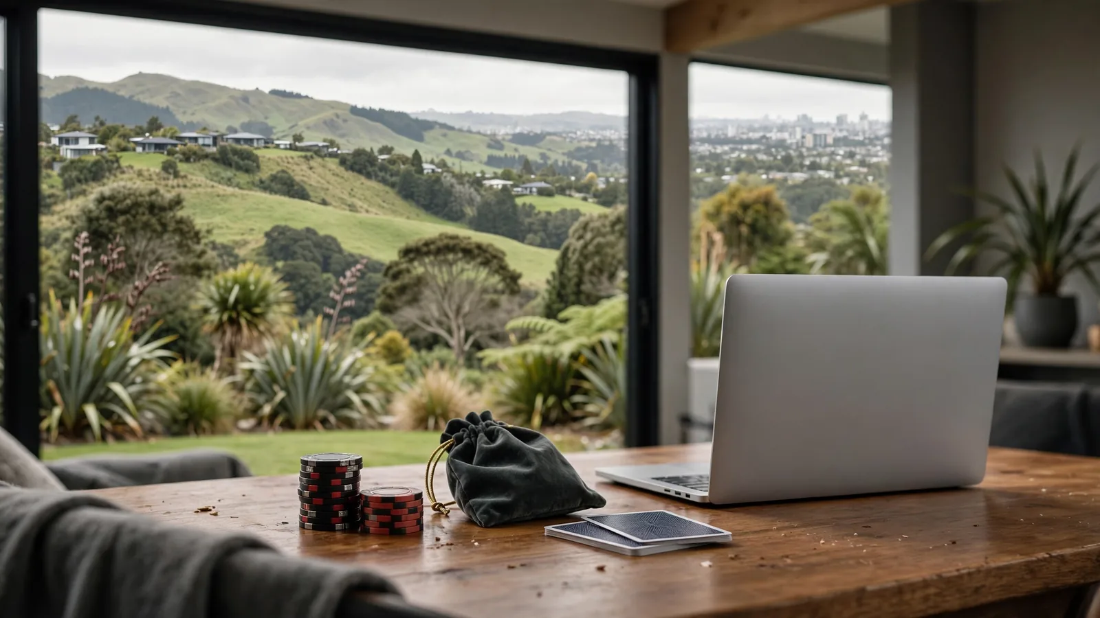 Casino chips and face-down cards on a table with a laptop, New Zealand hills outside.