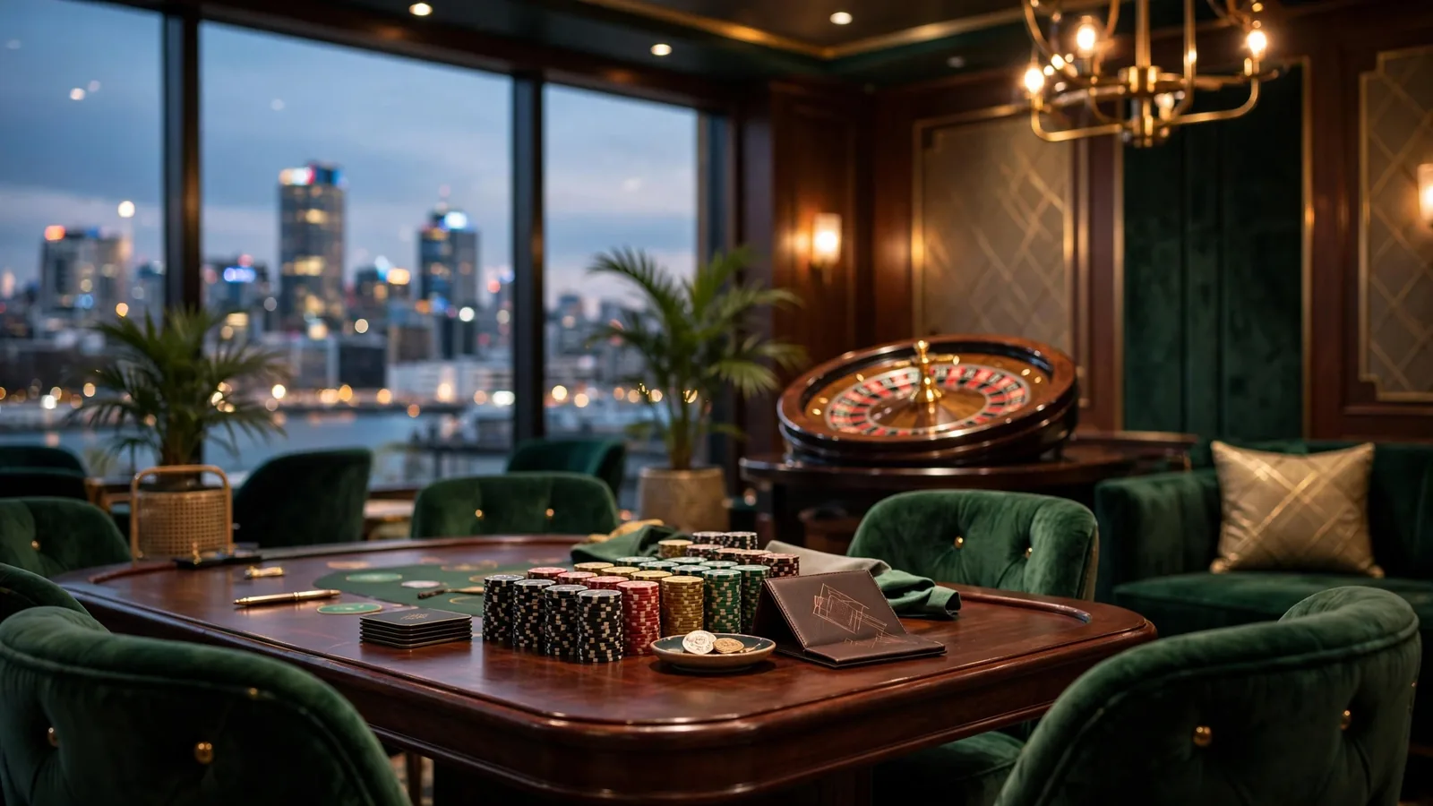 Elegant VIP casino lounge interior in New Zealand with chips and roulette wheel