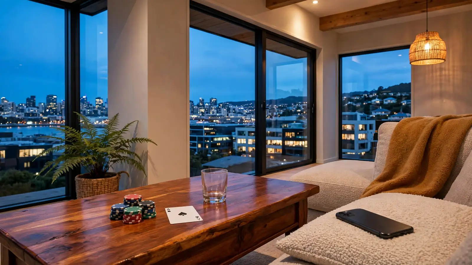 New Zealand lounge featuring casino chips and a playing card at dusk with city view