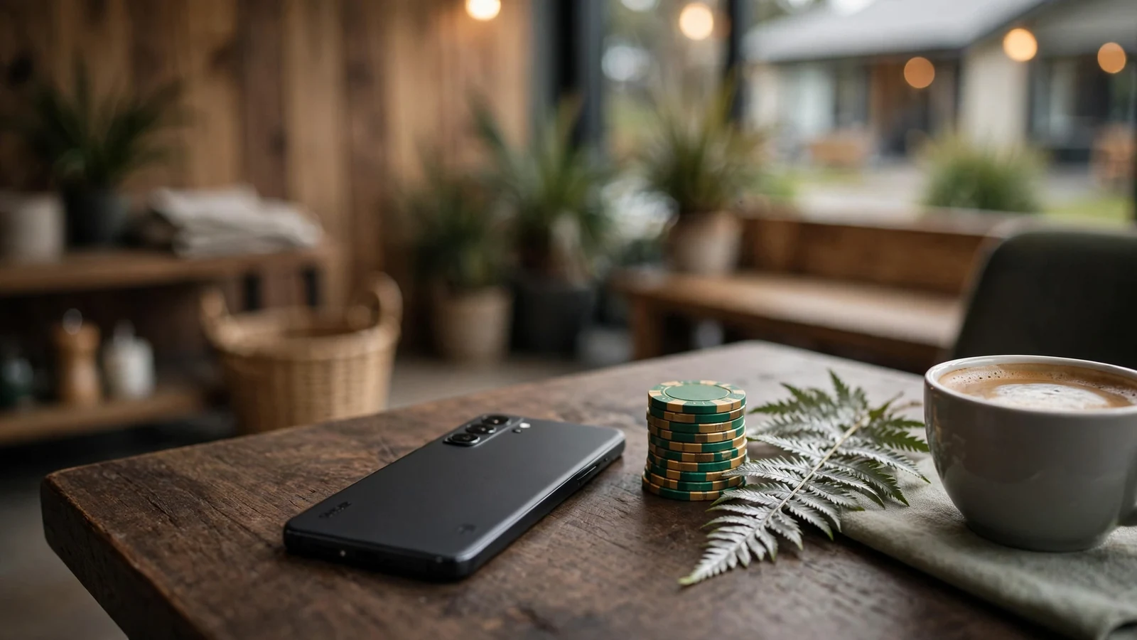 Smartphone beside casino chips, silver fern, and flat white coffee on a dark table, suggesting fast online payouts in New Zealand.