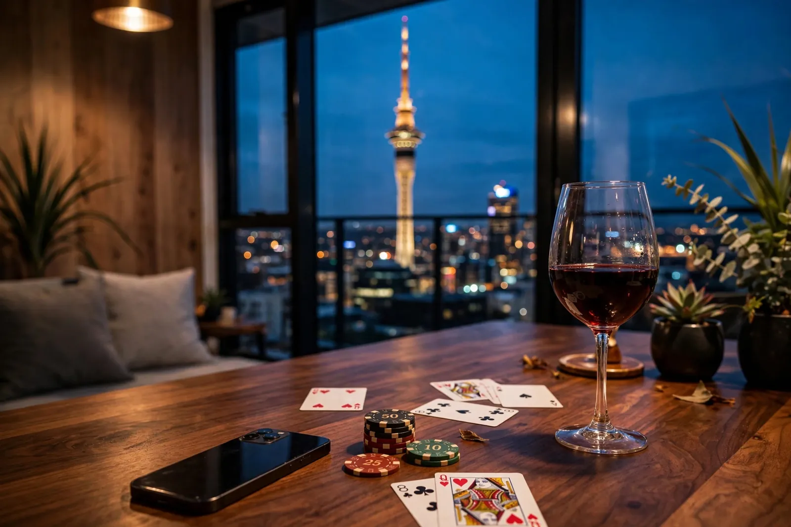 Smartphone face-down on a table with casino chips and cards, Sky Tower visible through the window.
