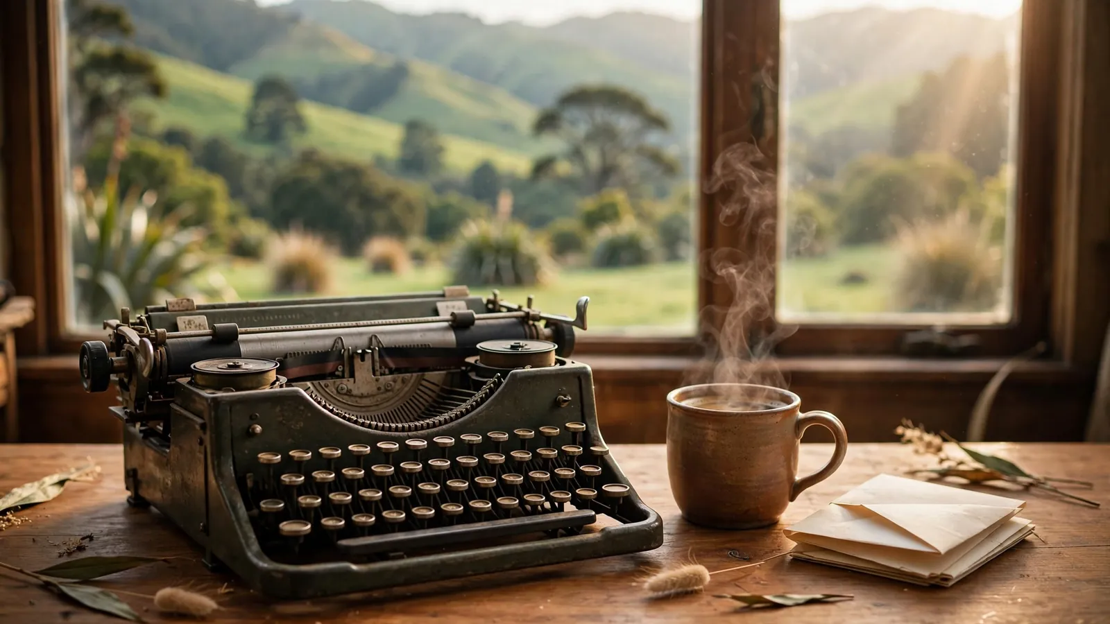 Typewriter on wooden desk with coffee and New Zealand landscape view