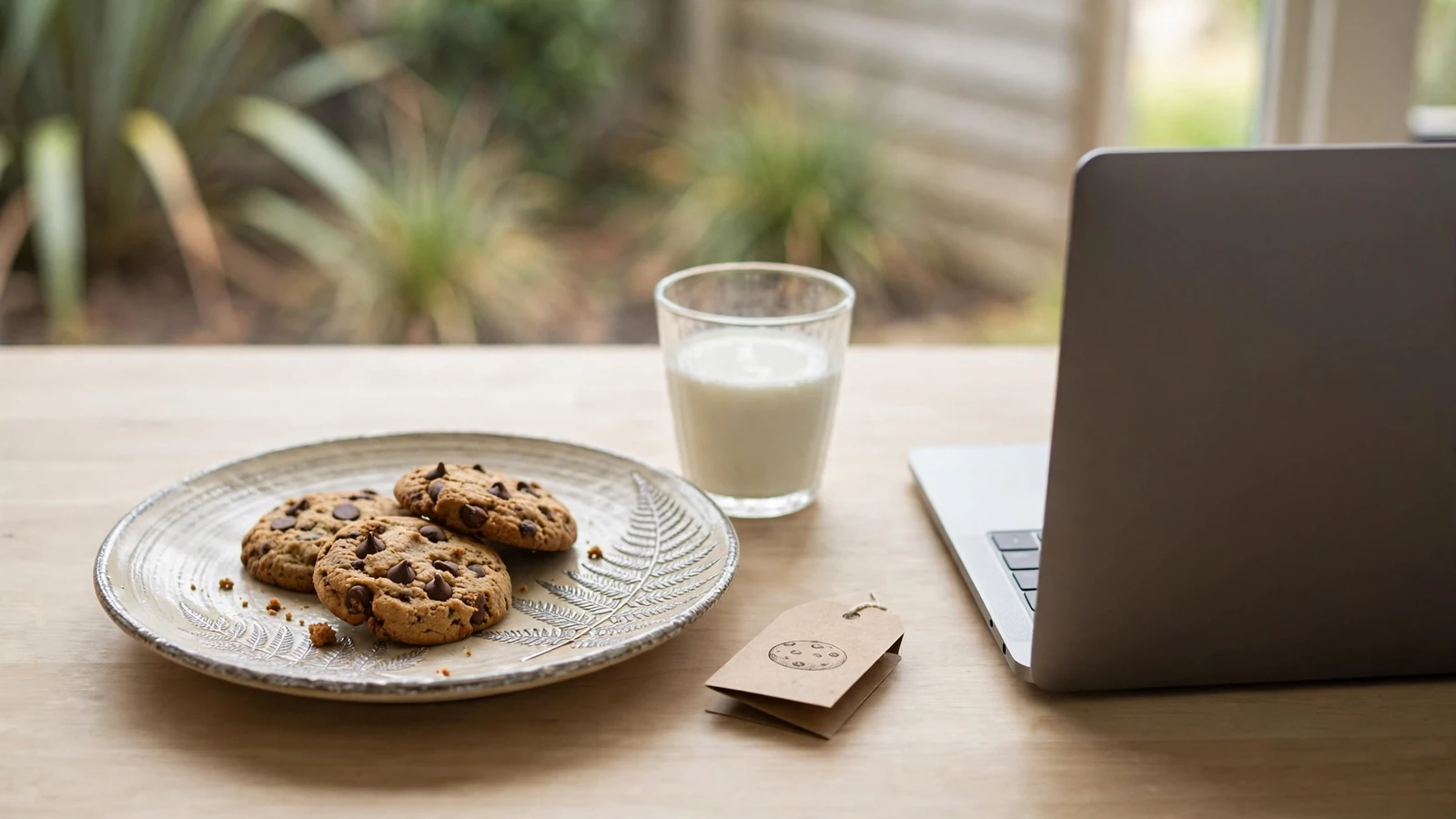 Chocolate chip cookies on a ceramic plate next to a laptop with screen turned away.