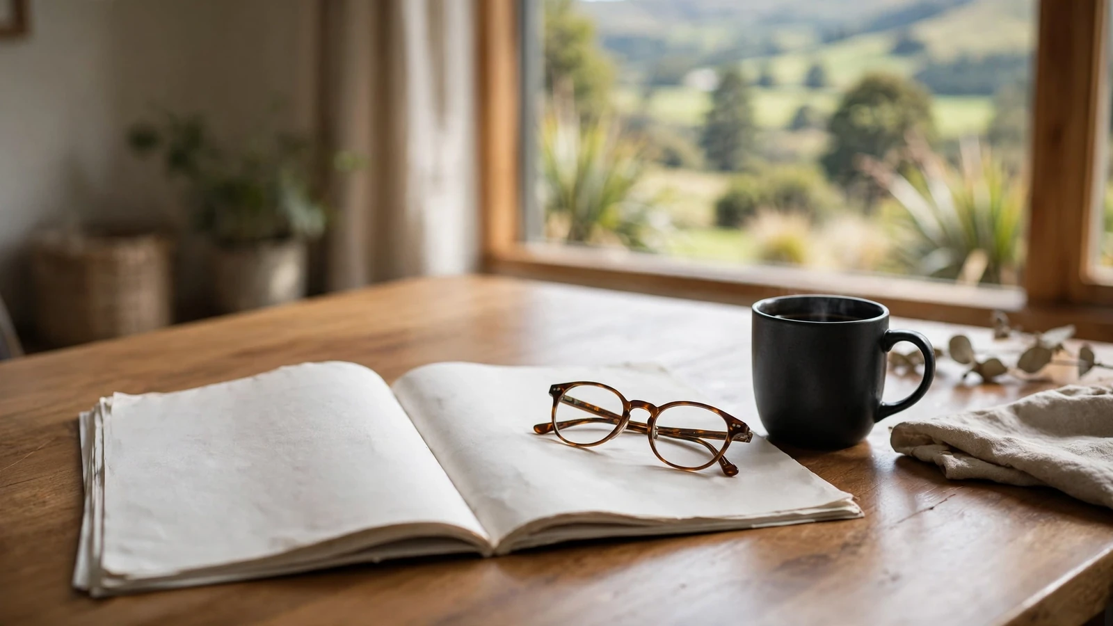 Legal disclaimer document on a wooden desk with reading glasses