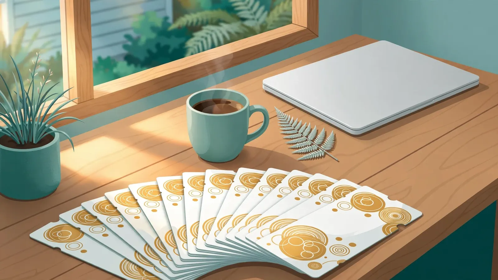 Isometric illustration of a desk with a closed laptop, silver fern, coffee, and golden bonus vouchers in teal tones.