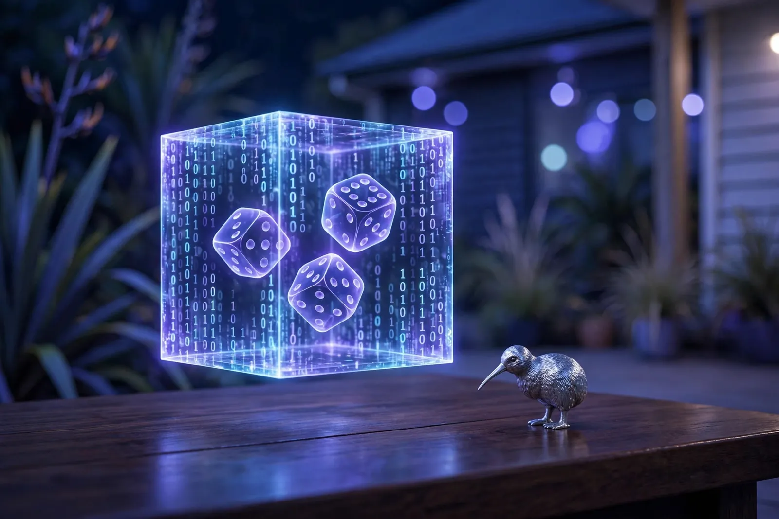 Glowing cube of binary code and dice floating above a table with a kiwi figurine, representing online slot randomness in New Zealand.