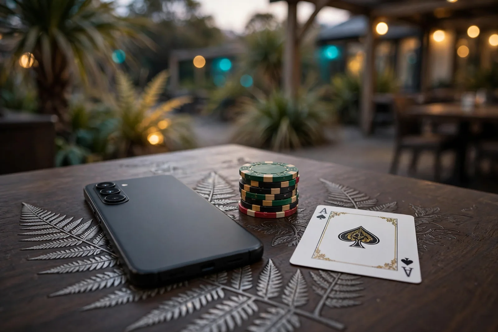 Smartphone face-down beside casino chips and a playing card on a wooden table