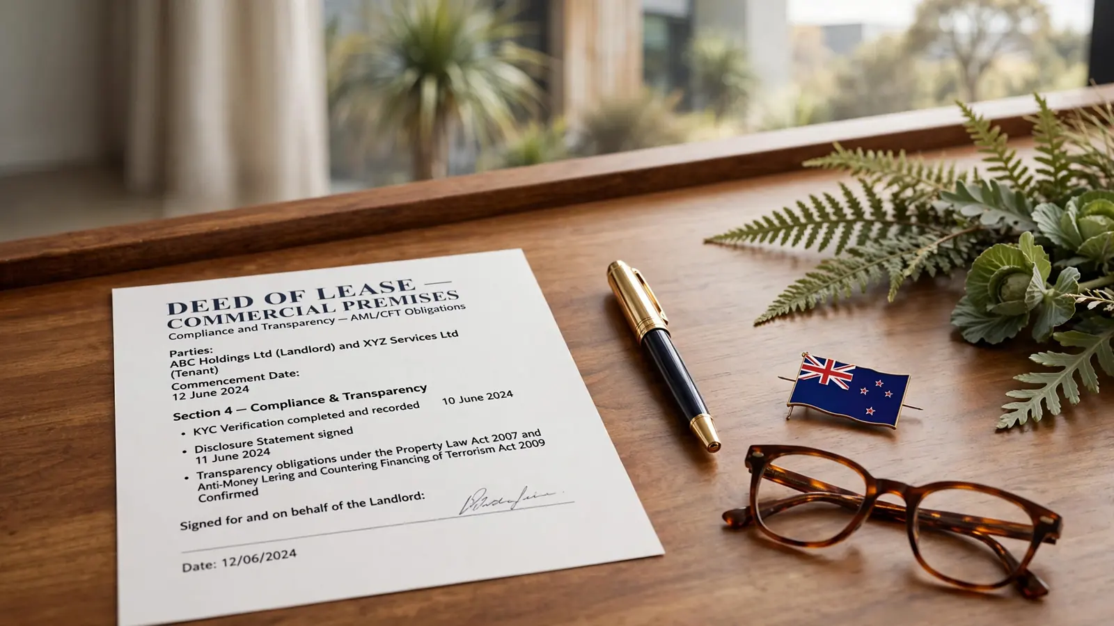 Legal publishing desk with documents and New Zealand flag pin