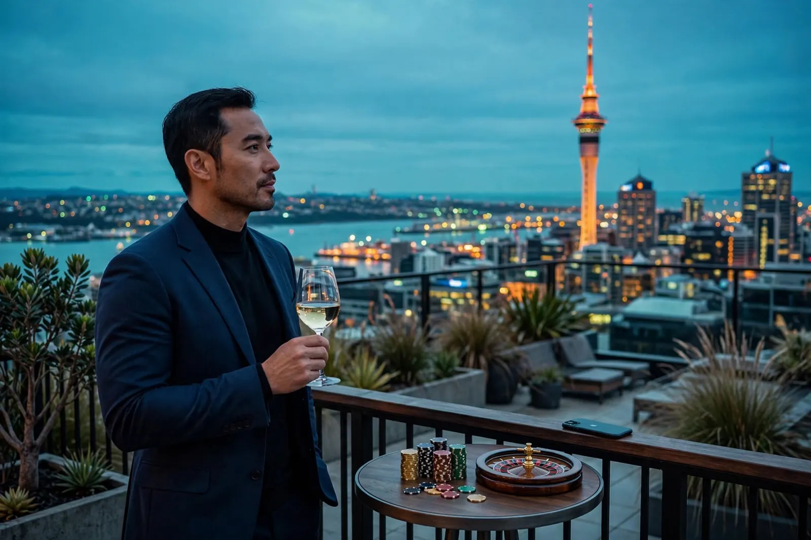 Stylish man on Auckland rooftop at twilight with roulette wheel and smartphone