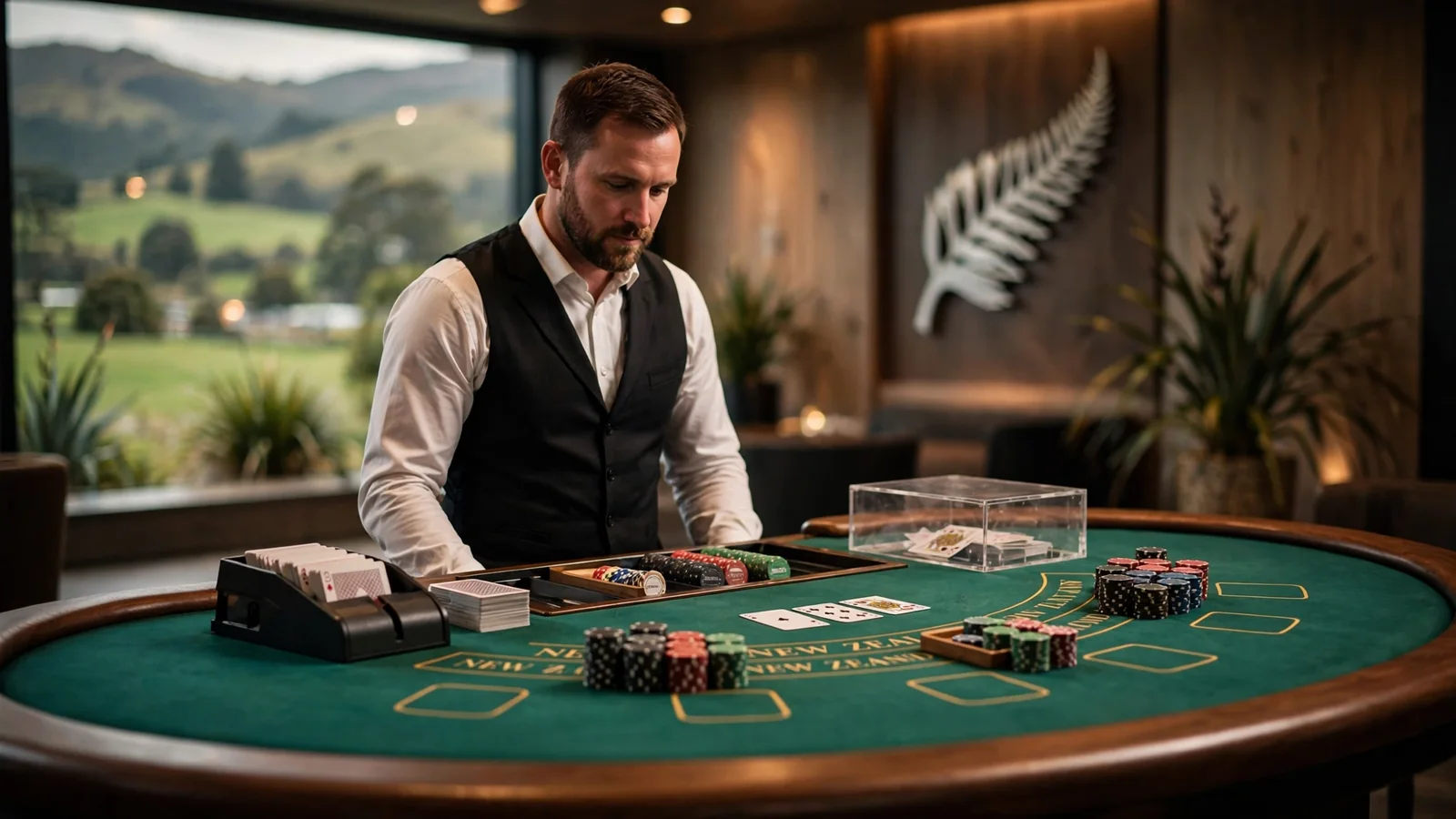 Live dealer at a blackjack table with a New Zealand-inspired studio backdrop