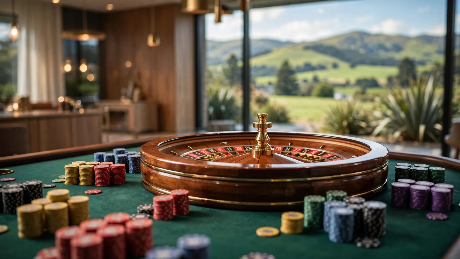 Elegant live roulette wheel with casino chips on a green felt table, New Zealand landscape blurred in background.