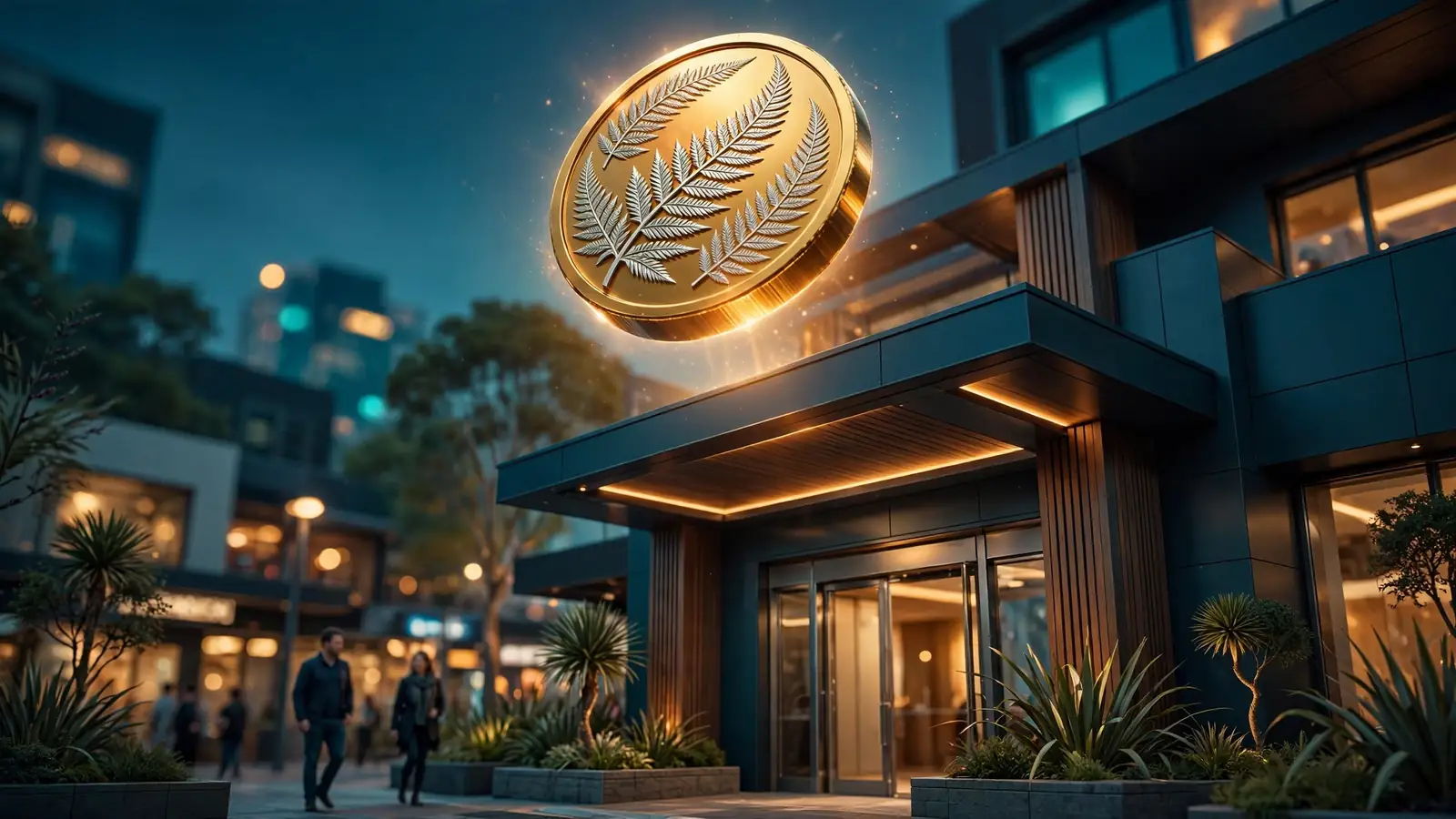 Golden coin with silver fern motif floating above a glowing New Zealand casino entrance at dusk