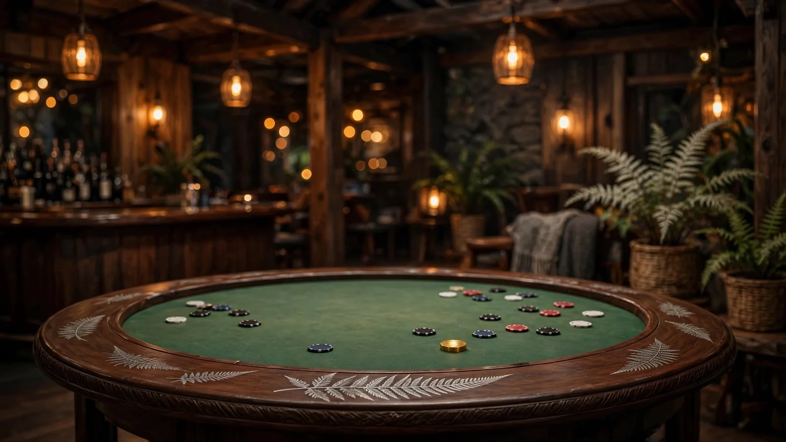Empty casino roulette table with chips in warm ambient lighting