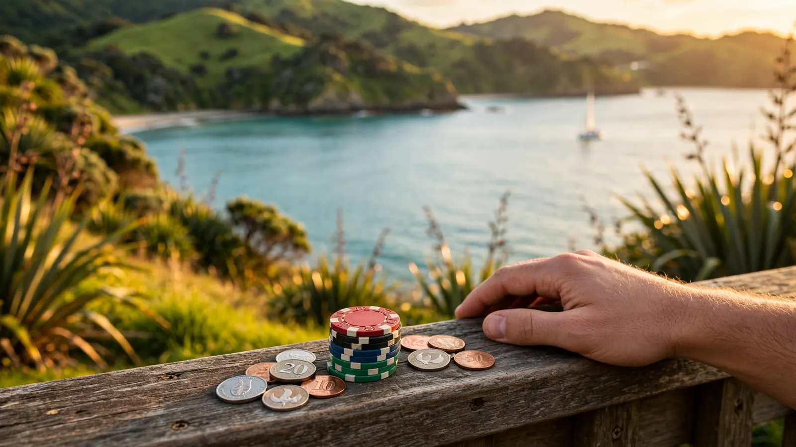 Hand resting on casino chips overlooking a New Zealand coastline at sunset