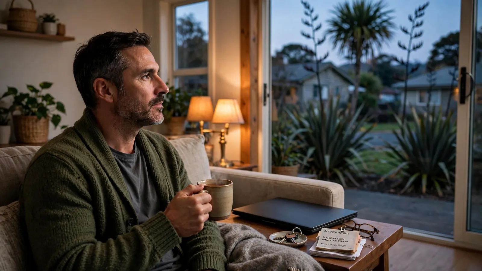 A reflective man at home in New Zealand pausing thoughtfully with tea, surrounded by calm domestic objects.