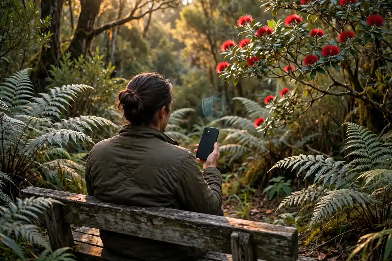 Person in New Zealand native forest holding a turned-away smartphone, symbolizing personal data privacy and protection.