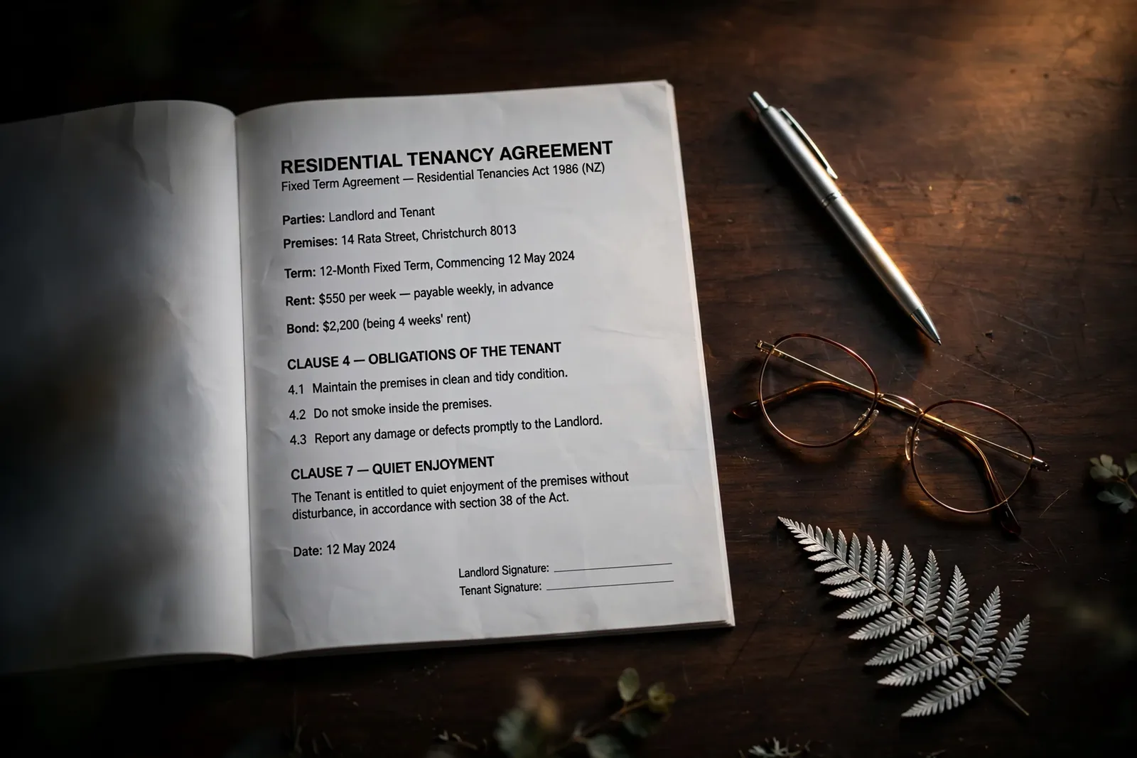 Legal terms document with glasses and silver fern on a dark desk